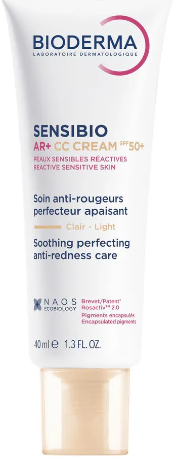 Crema CC Bioderma pentru piele sensibila cu factor de protectie SPF50+, nuanta Light Tint Sensibio AR+, 40 ml