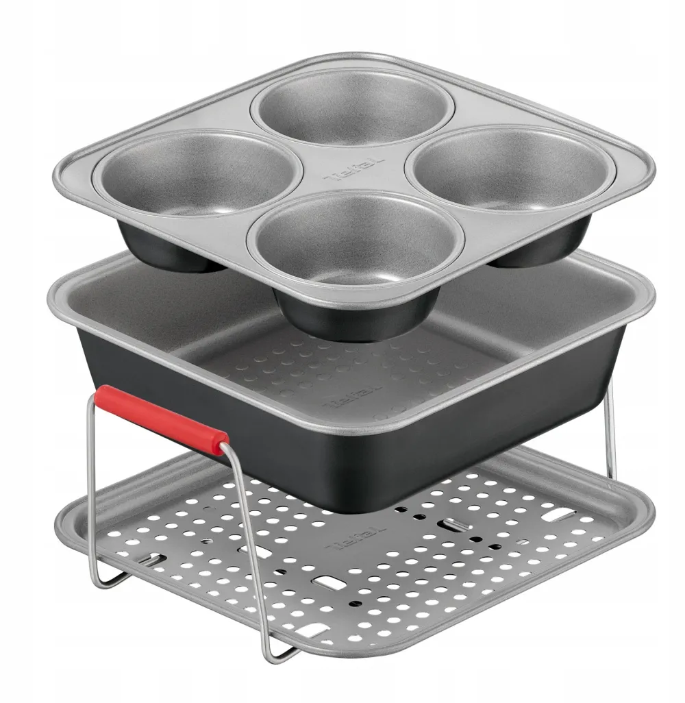 Set de 3 accesorii Tefal Dail'Easy pentru friteuza, invelis antiaderent, otel carbon, tava perforata cu manere si 2 forme, negru & gri