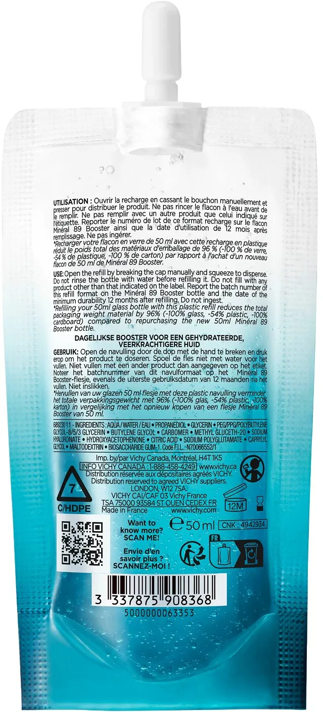 Rezerva Gel zilnic cu efect de hidratare si reumplere Vichy Minéral 89 Booster, 50 ml