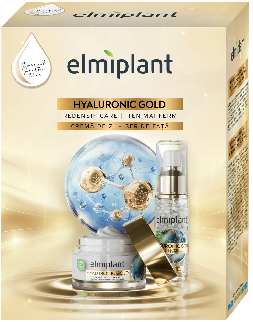 Set cadou Elmiplant Hyaluronic Gold: Crema de zi, 50 ml + Serum pentru fata, 30 ml
