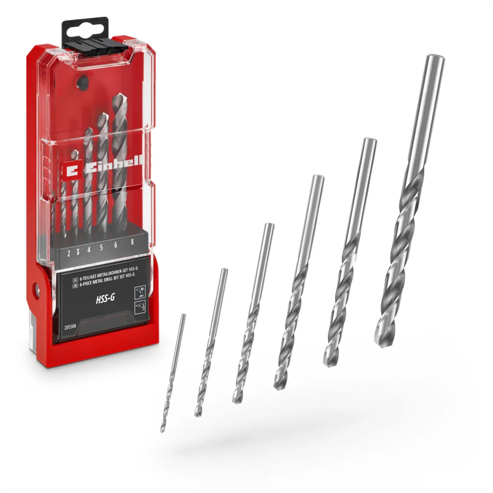 Set de 6 burghie metal HSS-G Einhell, otel HSS 4241, varf cu varf despicat la 135°, inclus cutie de depozitare