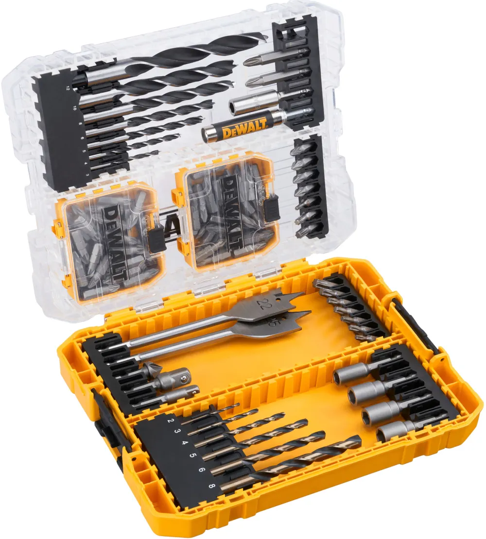 Set 100 accesorii gaurire si insurubare DeWALT DT70784, contine burghie negre si aurii de dimensiuni cheie pentru gaurirea lemnului si set surubelnite mixte
