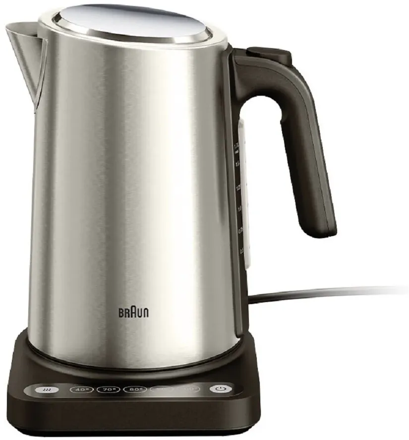Fierbator Braun PurShine WK5205BK, 2200 W, capacitate 1.7 L, otel inoxidabil, 5 setari de temperatura, TouchControl, sistem EasyPour, functie pastrare la cald, argintiu/negru