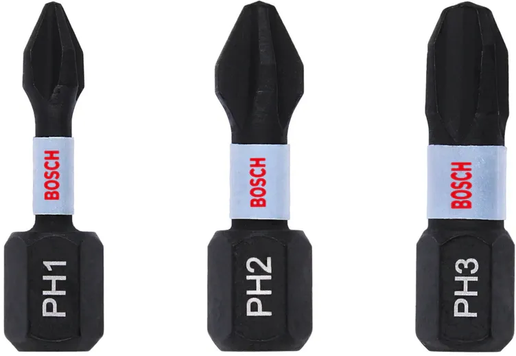 Set 3 biti de insurubare cu impact Bosch PH1, PH2, PH3, lungime 25 mm