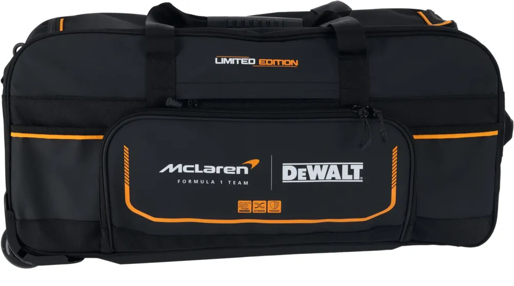 Geanta universala tip duffle cu roti DeWALT DWST83522-9, editie limitata McLaren, maner extensibil, utilizari multiple, buzunar ascuns cu fermoar, roti netede, material durabil, 28 inch lungime
