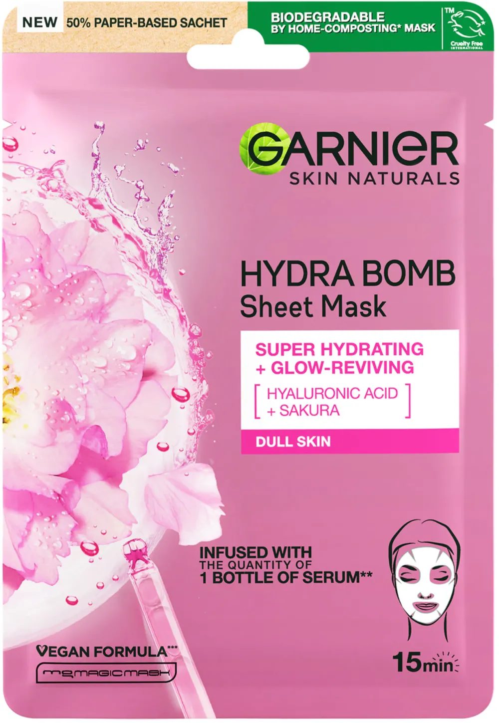 Masca servetel Garnier Skin Naturals cu Sakura si Acid Hialuronic pentru hidratare si revitalizare, 28 g