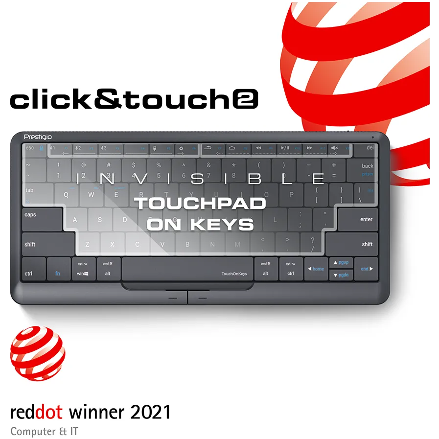 Prestigio Click&Touch 2, wireless multimedia smart keyboard with touchpad embedded into keys, auto-switch between keyboard and touchpad modes