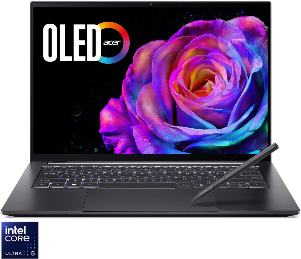 Laptop Acer Swift X 14 OLED SFX14-73G-53S2 cu procesor Intel® Core™ Ultra 5 225H pana la 4.9GHz, 14.5", WQXGA, 2.8K, OLED, 120Hz, Touch, 16GB LPDDR5X RAM, 1TB SSD, NVIDIA® GeForce RTX™ 5050 8GB GDDR7, Windows 11 Home, Titanium Gray