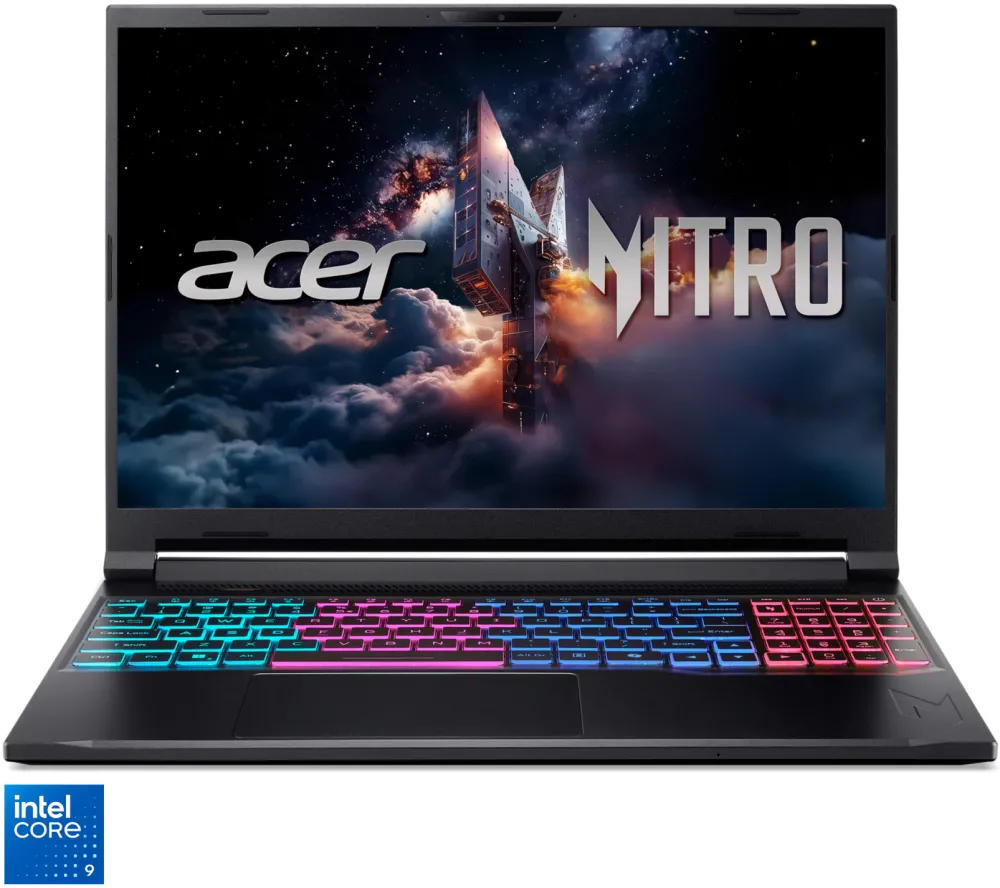 Laptop Gaming Acer Nitro V 16S cu procesor Intel® Core™ 9 270H pana la 5.8 GHz, 16", WQXGA IPS, 180Hz, 32GB DDR5, 1TB + 1TB SSD, NVIDIA® GeForce RTX™ 5070 8GB GDDR7, No OS, Obsidian Black