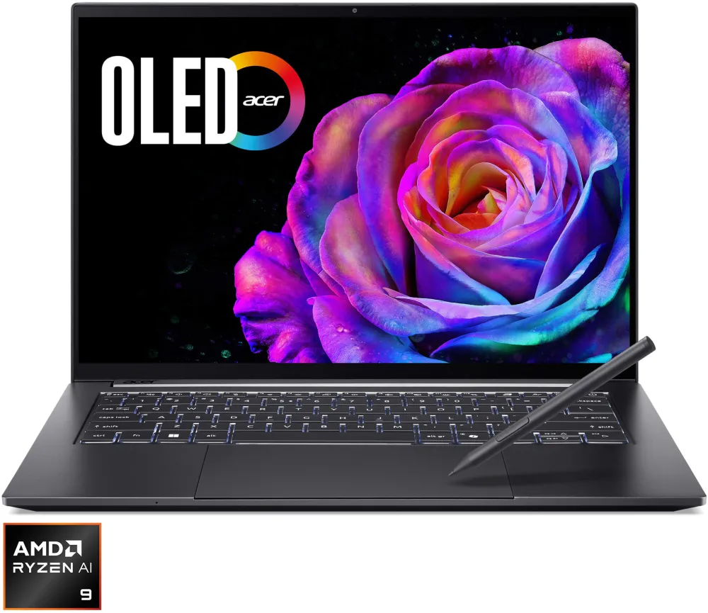 Laptop Acer Swift X 14 AI OLED SFX14-61G-R7VY cu procesor AMD Ryzen™ AI 9 365 pana la 5.0GHz, 14.5'' 2.8K, OLED, 120Hz, Touch, 32GB LPDDR5X RAM, 1TB SSD, NVIDIA® GeForce RTX™ 5070 8GB GDDR7, Windows 11 Home, Titanium Gray