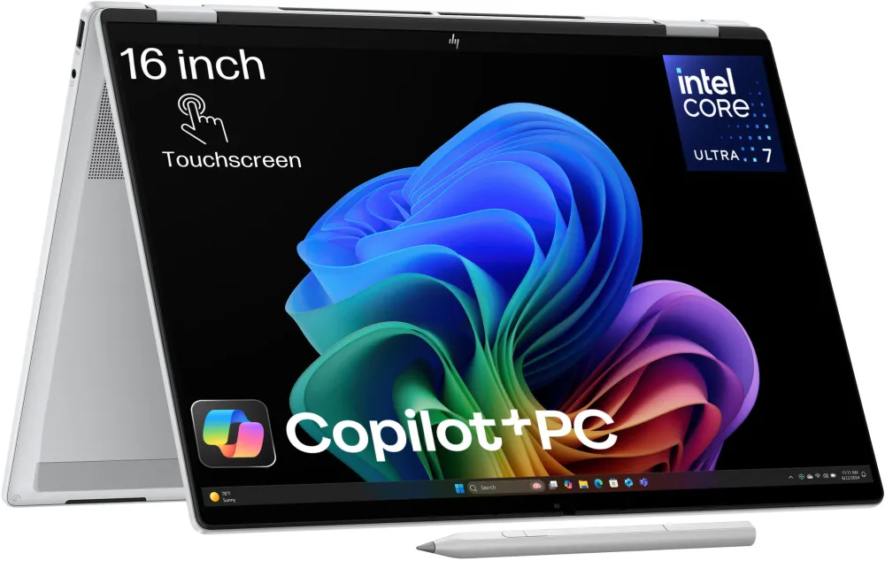 Laptop HP OmniBook X Flip 16-as0023nn cu procesor Intel® Core™ Ultra 7 256V pana la 4.8GHz, 16", 2K, IPS, Touch, 16GB LPDDR5x RAM, 1TB SSD, Intel® Arc™, Windows 11 Home, Glacier silver