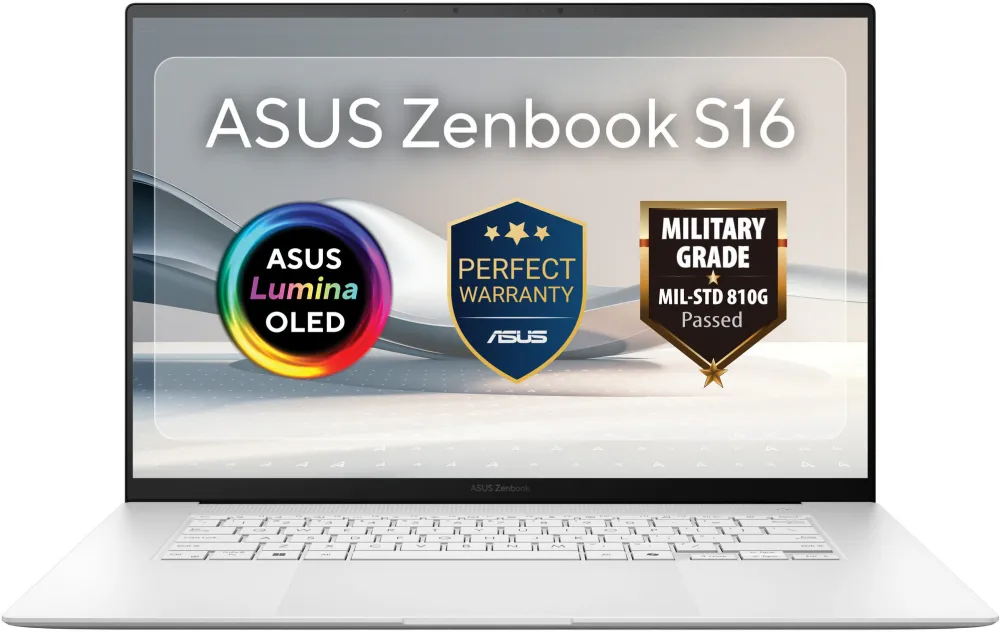 Laptop ASUS Zenbook S16 UM5606GA cu procesor AMD Ryzen™ AI 9 465 pana la 5.0GHz, 16'', 3K, OLED, 120Hz, 24GB LPDDR5X RAM, 1TB SSD, AMD Radeon™ Graphics, Windows 11 Pro, Scandinavian White