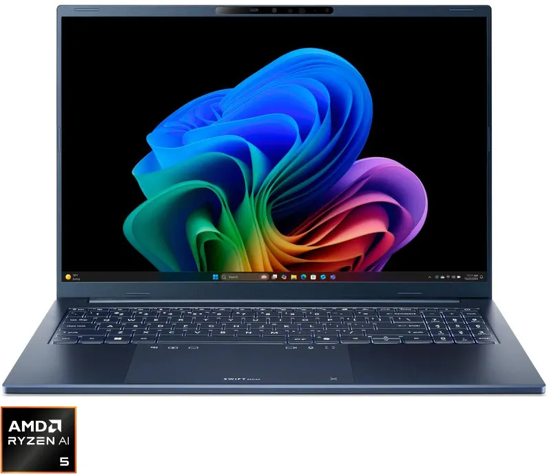 Laptop Acer Swift Go 16 AI OLED cu procesor AMD Ryzen™ AI 5 430 pana la 4.5GHz, 16" WUXGA, OLED, 16GB LPDDR5X RAM, 512GB SSD, AMD Radeon™ 840M, Windows 11 Home, Steam Blue