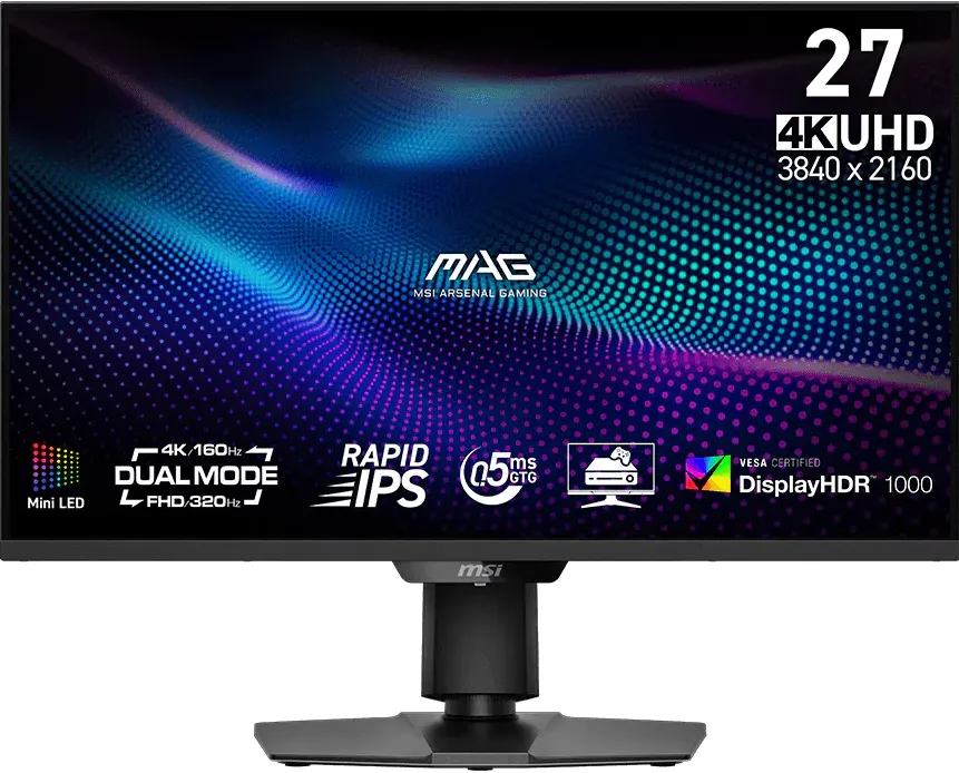 MAG 274UPDF E16M, 27", Rapid IPS, Dual mode 4K/ 160Hz - FHD/ 320Hz, HDMI, DisplayPort, AMD FreeSync Premium, NVIDIA G-SYNC, Pivot, 0.5ms, Negru