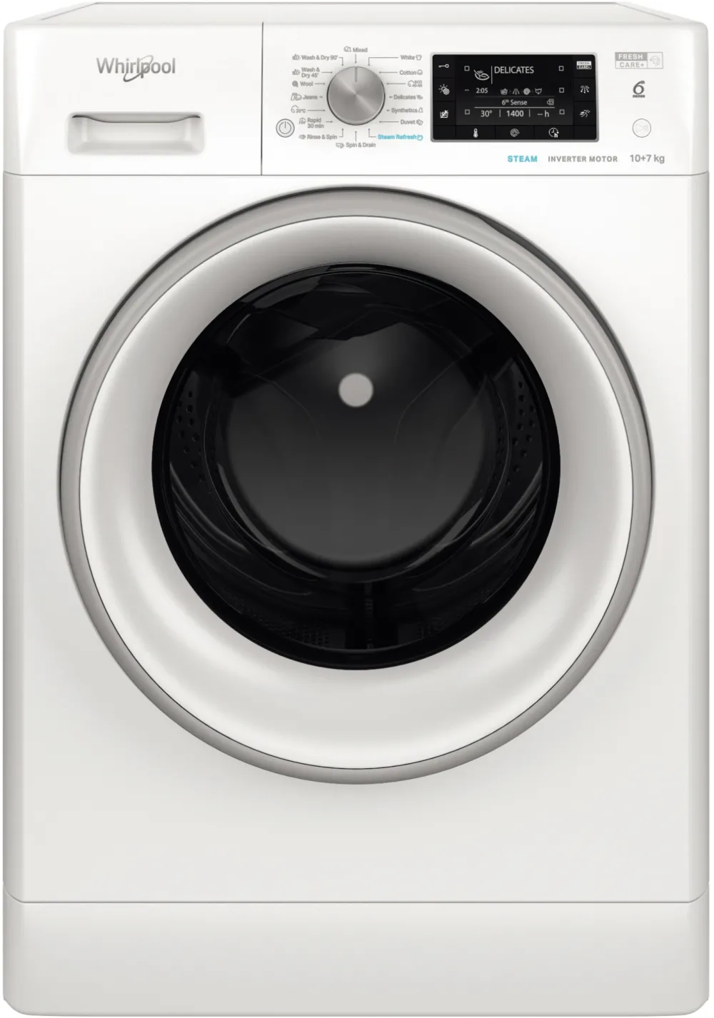 Masina de spalat rufe frontala cu uscator WHIRLPOOL FFWDD 1076258 SV EE, 6th Sense, 10/7 kg, 1600rpm, Clasa B/E, alb