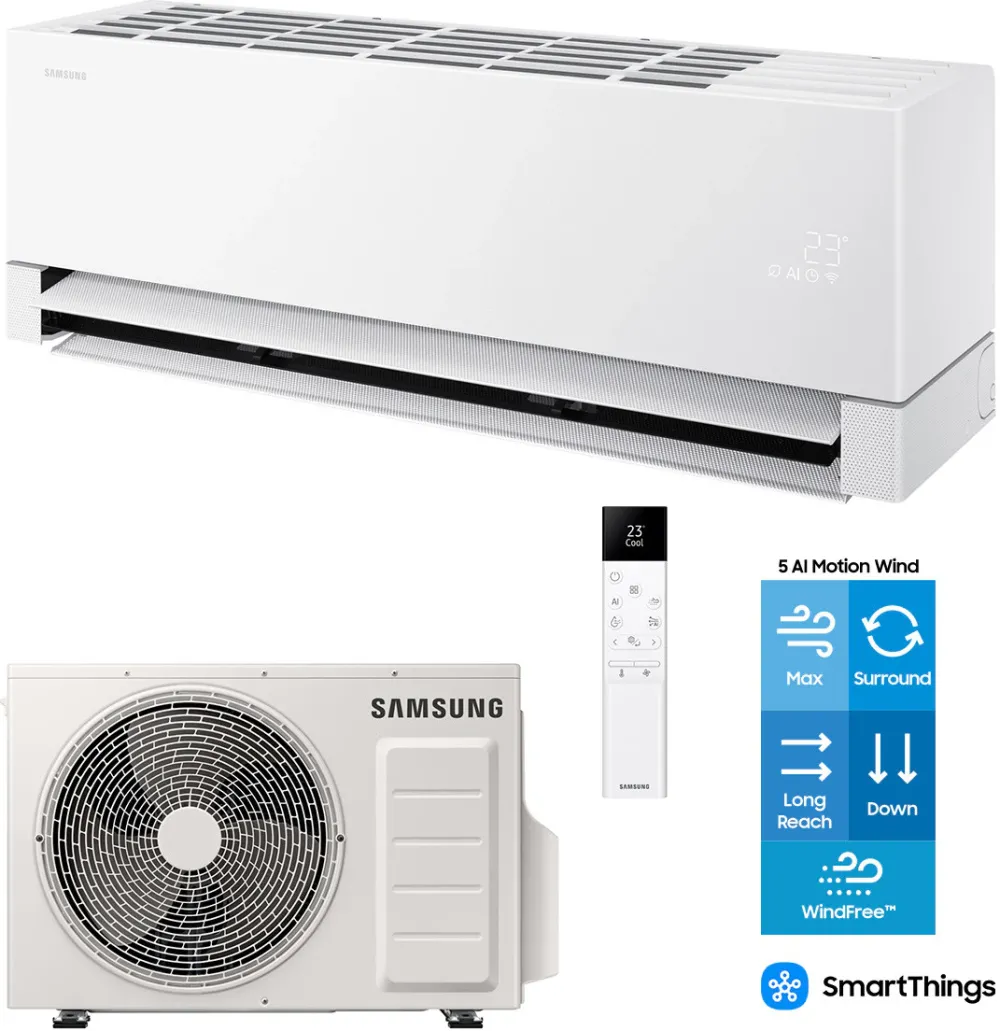 Aparat de aer conditionat Samsung Windfree Premiere WI-FI 24000 BTU, Clasa A+++/A++, filtru 4 in 1, PM2.5, Motion Wind, AI Auto Comfort, AR70H24C1AWNEU/AR70H24C1AWXEU, alb