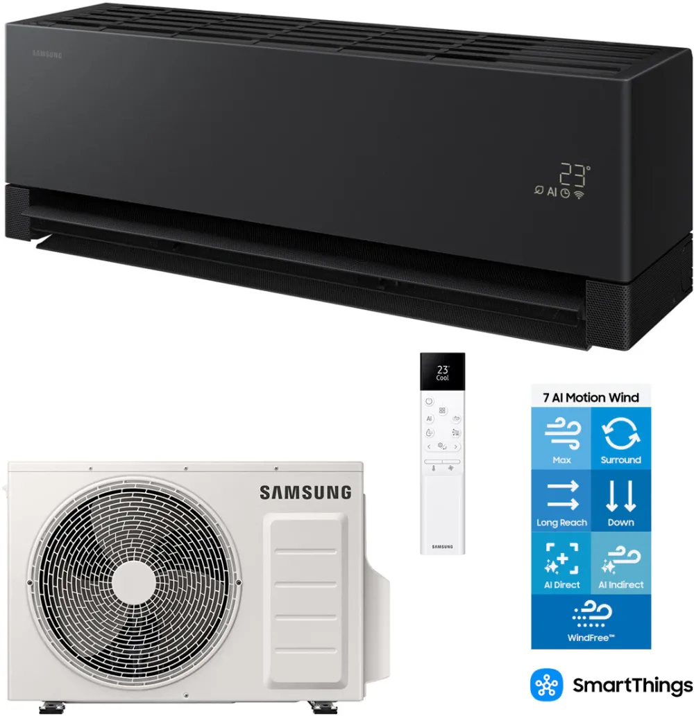 Aparat de aer conditionat Samsung Windfree Premiere+ WI-FI 12000 BTU, Clasa A+++/A+++, filtru 4 in 1, PM2.5, Radar Sensor, AI Motion Wind, AI Auto Comfort, AR70H12CAABNEU/AR70H12CAAWXEU, negru