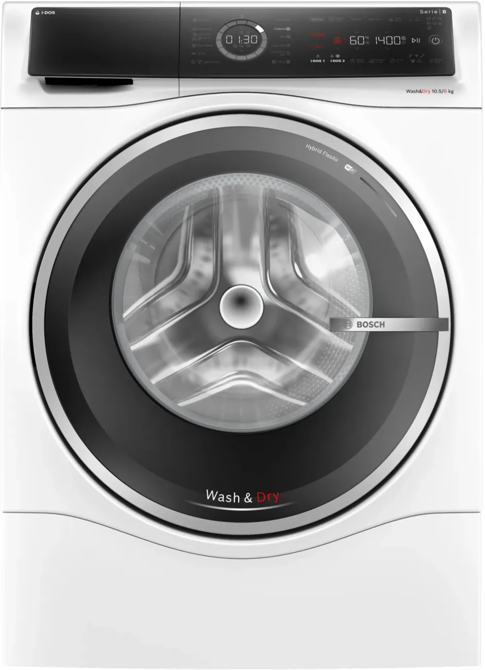 Masina de spalat rufe cu uscator Bosch Seria 8 WNC254A0BY, Spalare 10 kg, Uscare 6 kg, 1400 rpm, Clasa A, i-DOS, Iron Assist, Home Connect, Anti Stain, Auto Dry, Motor EcoSilence Drive, Alb