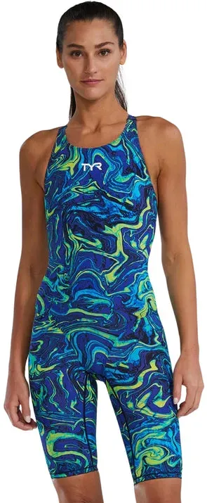 Costum intreg tehnic inot TYR Thresher Open Back Hyperblitz albastru/verde marimea 18