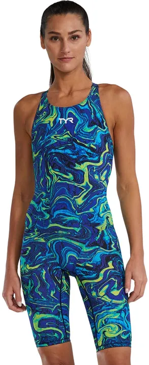 Costum intreg tehnic inot TYR Thresher Open Back Hyperblitz albastru/verde marimea 28