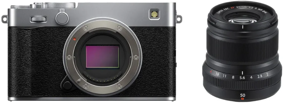 Aparat Foto Mirrorless Fujifilm X-E5, 40MP, 6K + Obiectiv XF 50mm F2.0 R WR, Silver