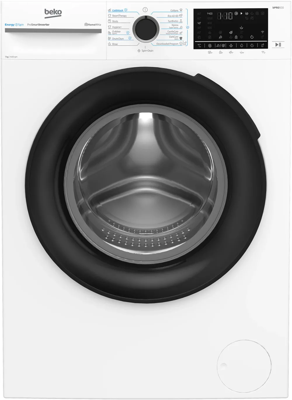 Masina de spalat rufe Slim Beko BM5WFSU67415W,7 kg, 1400 RPM, Clasa A, HomeWhiz prin WiFi, SteamCure, AddXtra, Motor ProSmart Inverter, AddXtra, Alb, usa Piano Black