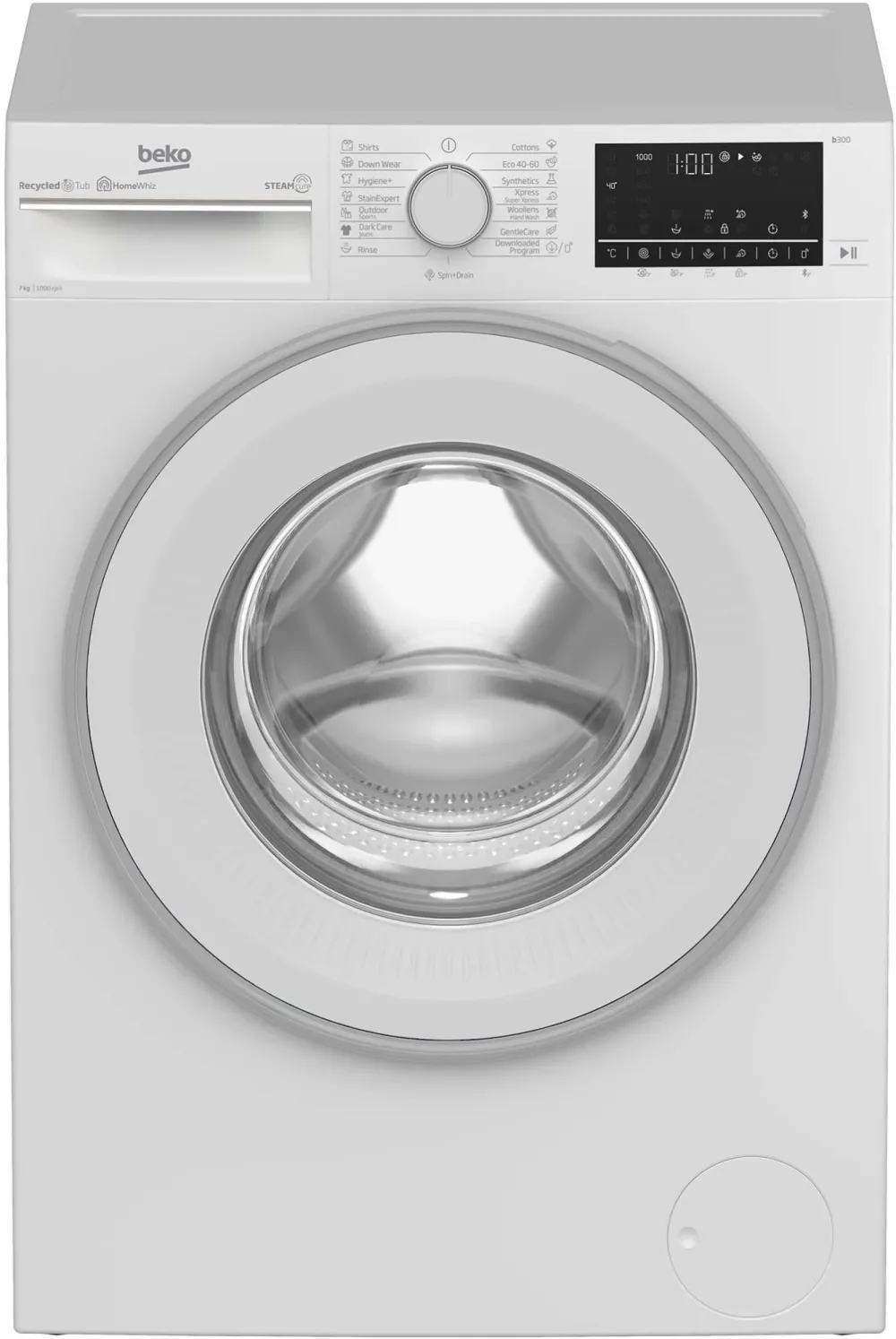 Masina de spalat rufe Beko B3WFU7704WB, 7 kg, 1000 RPM, Clasa D, Recycled Tub, Motor ProSmart™ Inverter, AddXtra, Hygiene+ cu SteamCure™, AutoClean Detergent Drawer, Fast+, Alb