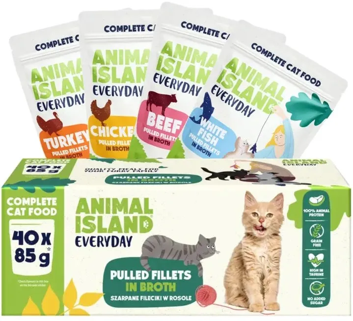 Pachet hrana umeda pentru pisici ANIMAL ISLAND Everyday vita, pui, curcan si peste alb in supa 40 x 85 g