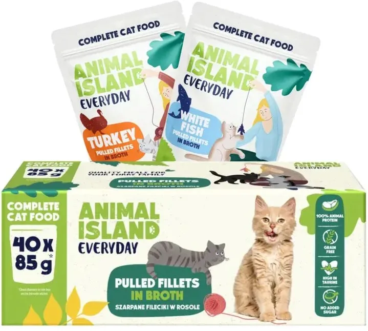 Pachet hrana umeda pentru pisici ANIMAL ISLAND Everyday curcan si peste alb in supa 40 x 85 g