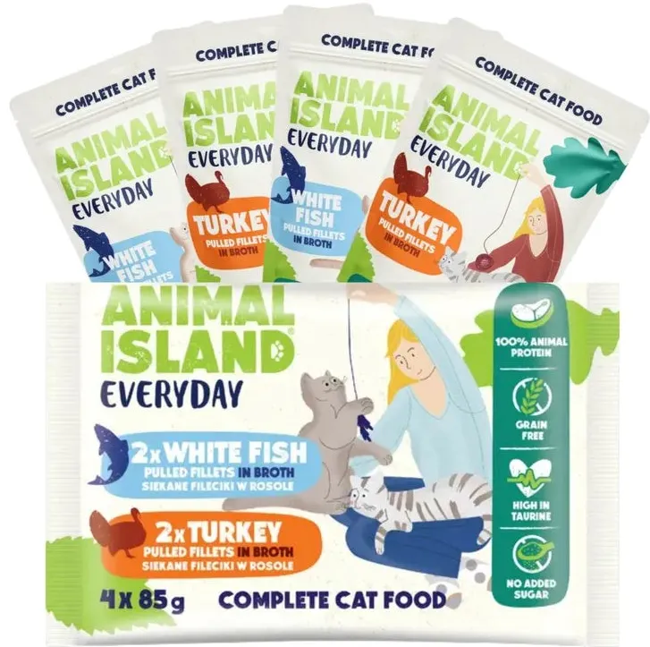 Pachet hrana umeda pentru pisici ANIMAL ISLAND Everyday curcan si peste alb in supa 4 x 85 g