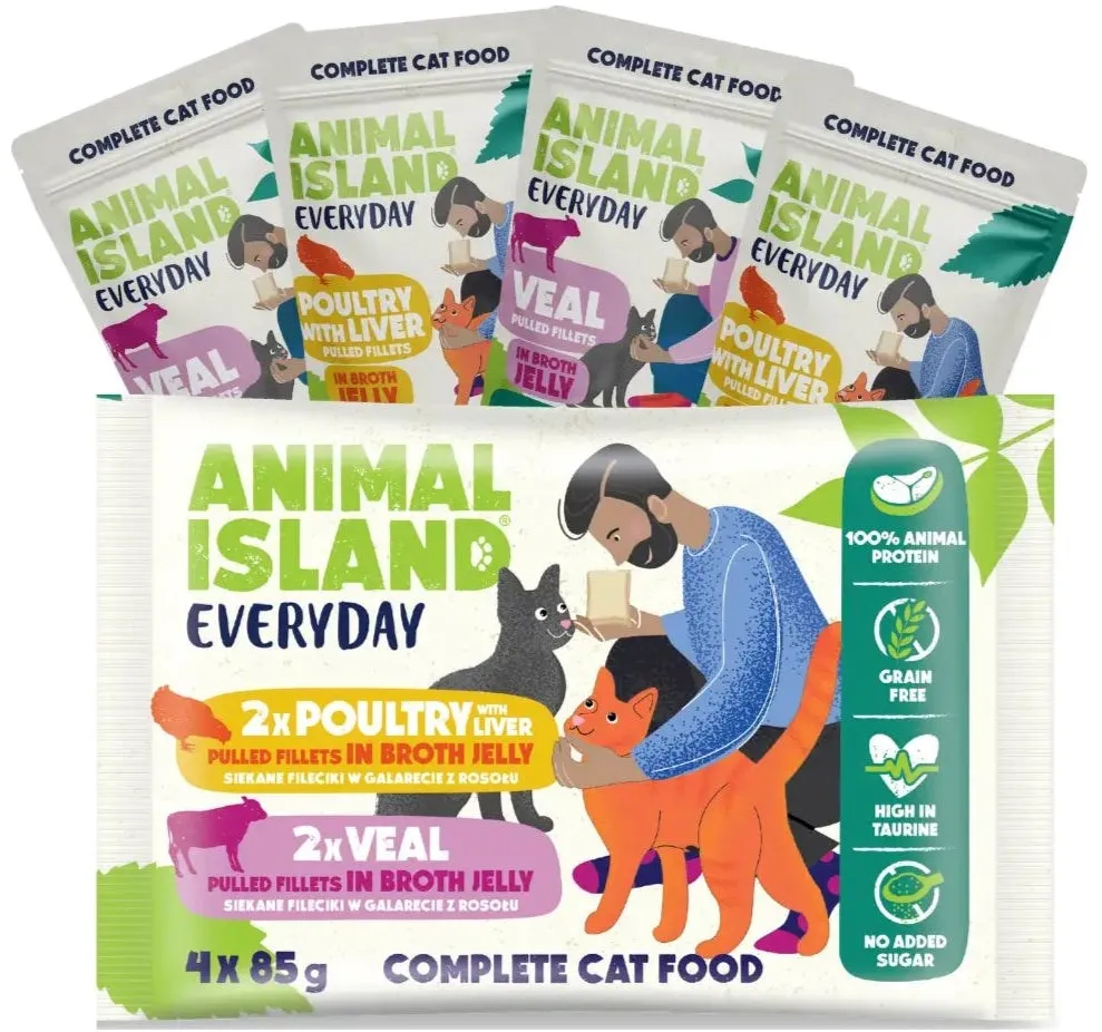Pachet hrana umeda pentru pisici ANIMAL ISLAND Everyday vitel si pasare cu ficat 4 x 85 g