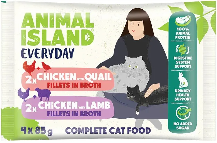 Pachet hrana umeda pentru pisici ANIMAL ISLAND pui cu prepelita si pui cu miel in supa 4 x 85 g