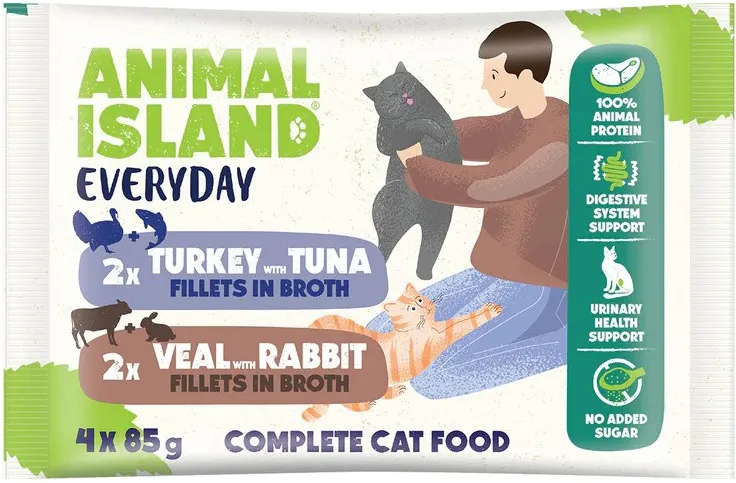 Pachet hrana umeda pentru pisici ANIMAL ISLAND vitel cu iepure si curcan cu ton in supa 4 x 85 g