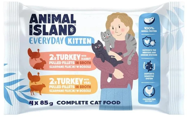 Pachet hrana umeda pentru pisoi ANIMAL ISLAND Everyday Kitten curcan cu iepure si curcan cu vitel 4 x 85 g