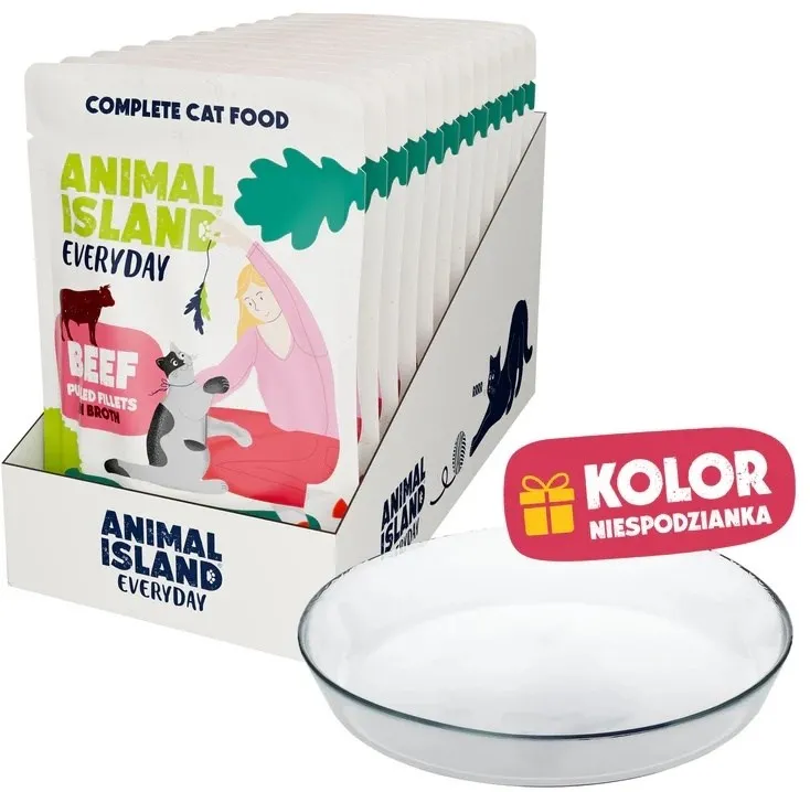 ANIMAL ISLAND Everyday Beef in broth Box - wet cat food - 12x85g + free plate