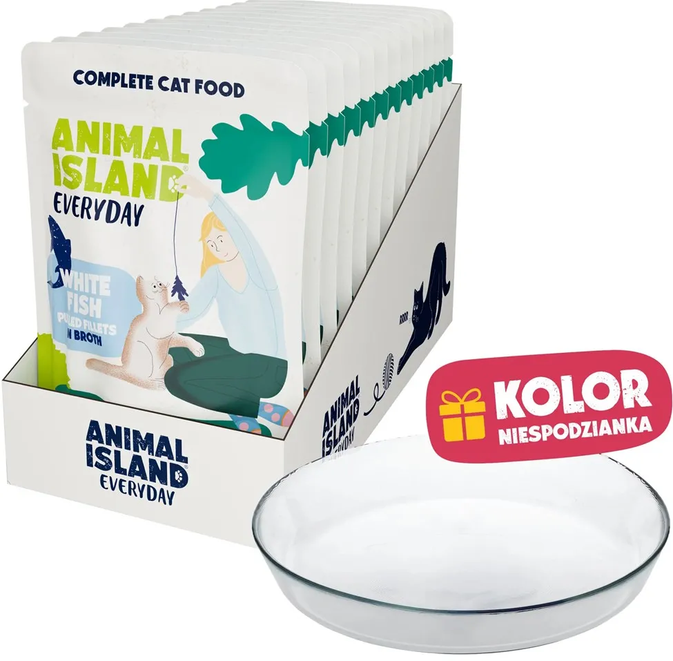 ANIMAL ISLAND Everyday White fish in broth Box - wet cat food - 12x85g + free plate