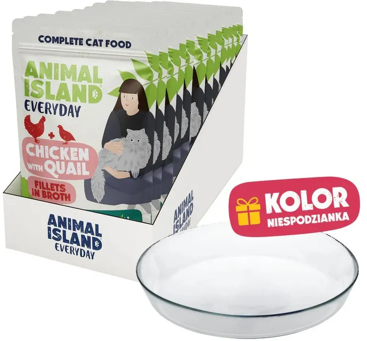 ANIMAL ISLAND Everyday Chicken with quail in broth Box - wet cat food - 12x85g + free plate