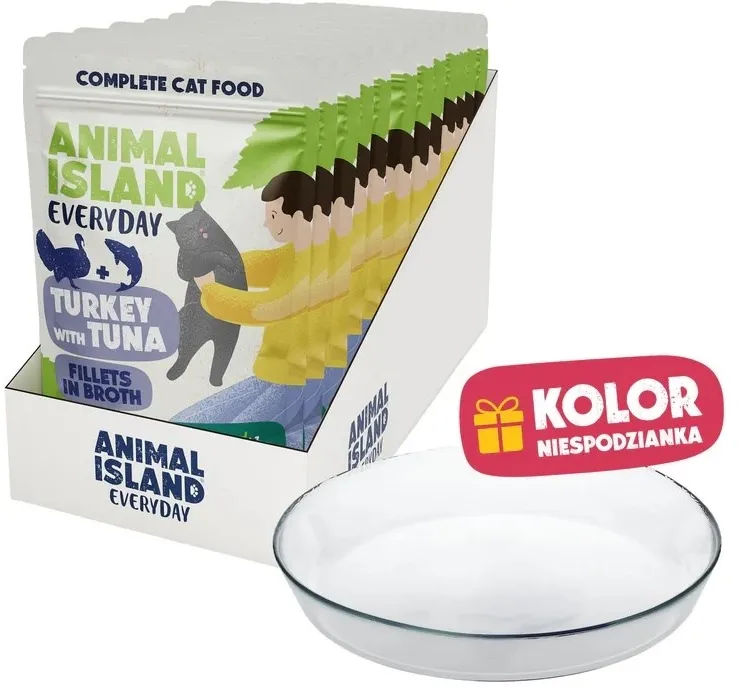 ANIMAL ISLAND Everyday Turkey and tuna in broth Box - wet cat food - 12x85g + free plate