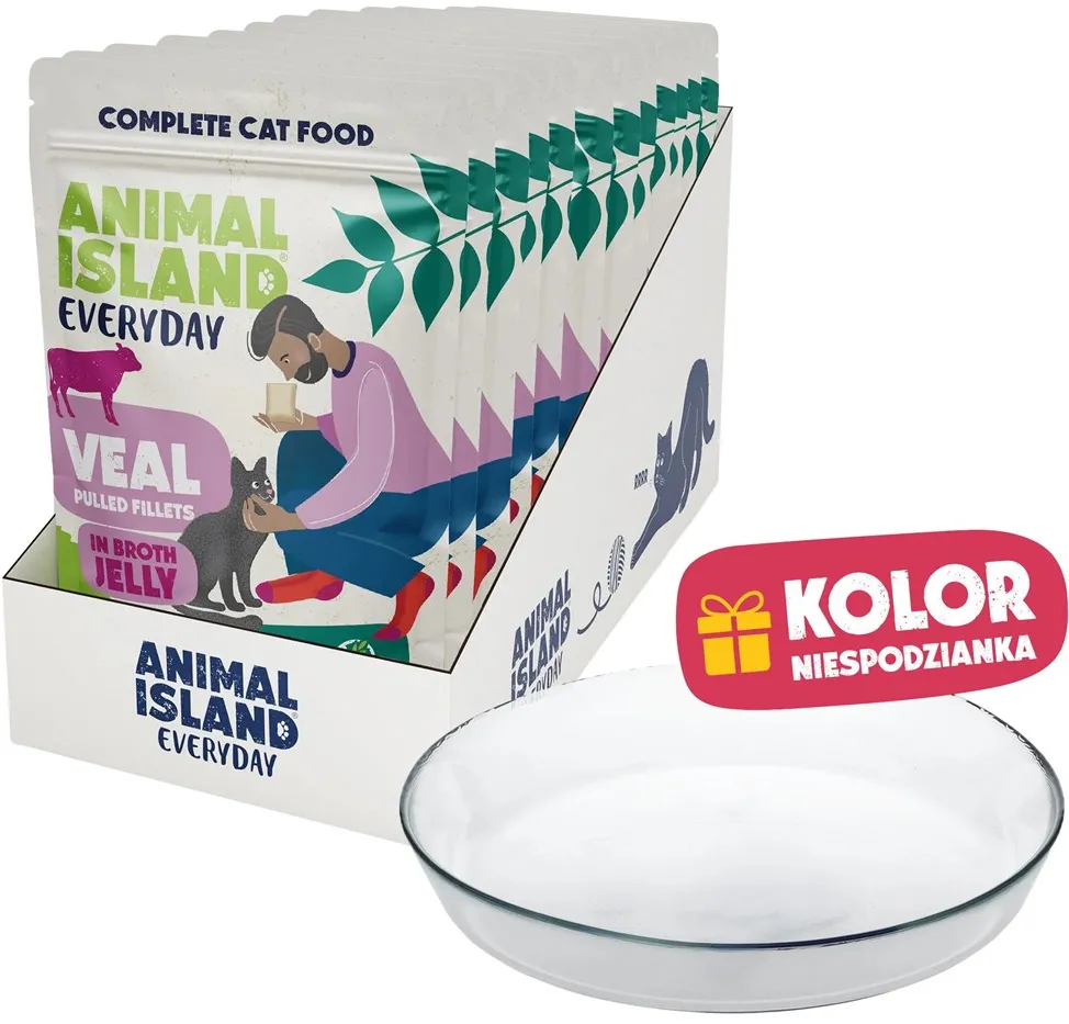 ANIMAL ISLAND Everyday Veal in jelly broth Box - wet cat food - 12x85g + free plate