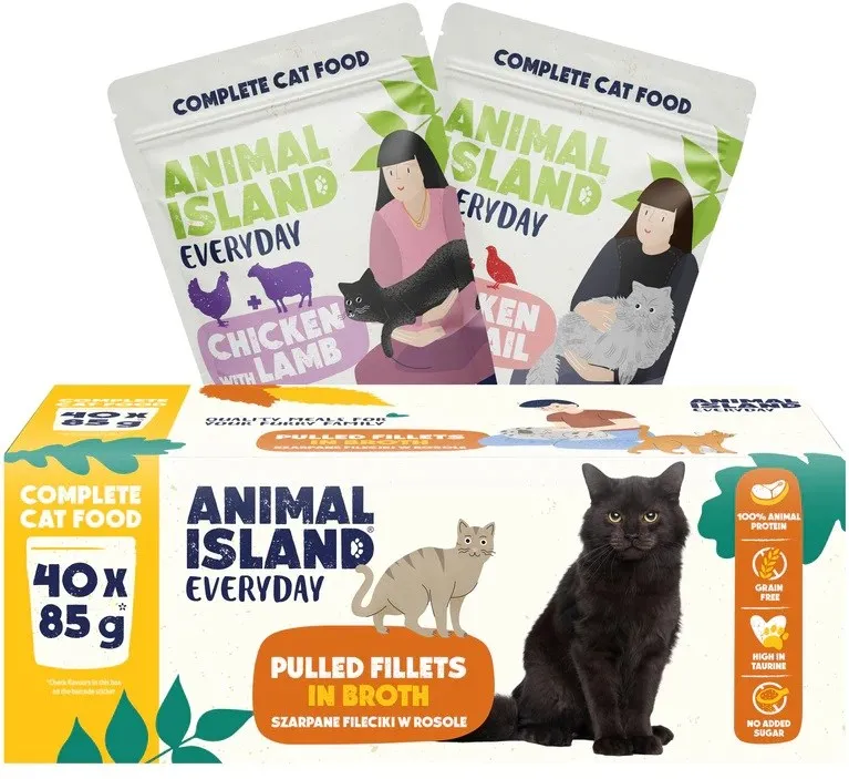 Pachet hrana umeda pentru pisici ANIMAL ISLAND Everyday pui cu miel si pui cu prepelita in supa 40 x 85 g
