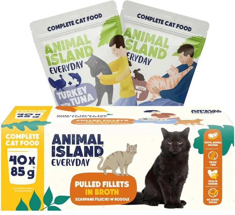 Pachet hrana umeda pentru pisici ANIMAL ISLAND Everyday curcan cu ton si vitel cu iepure in supa 40 x 85 g