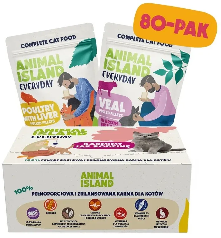 Pachet hrana umeda pentru pisici ANIMAL ISLAND Everyday pasare cu ficat si vitel 80 x 85 g