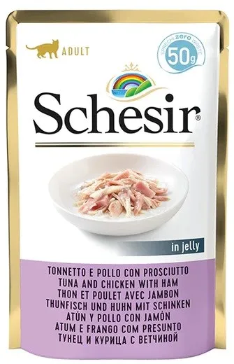 Hrana umeda pentru pisici Schesir ton si pui cu sunca in aspic 50 g