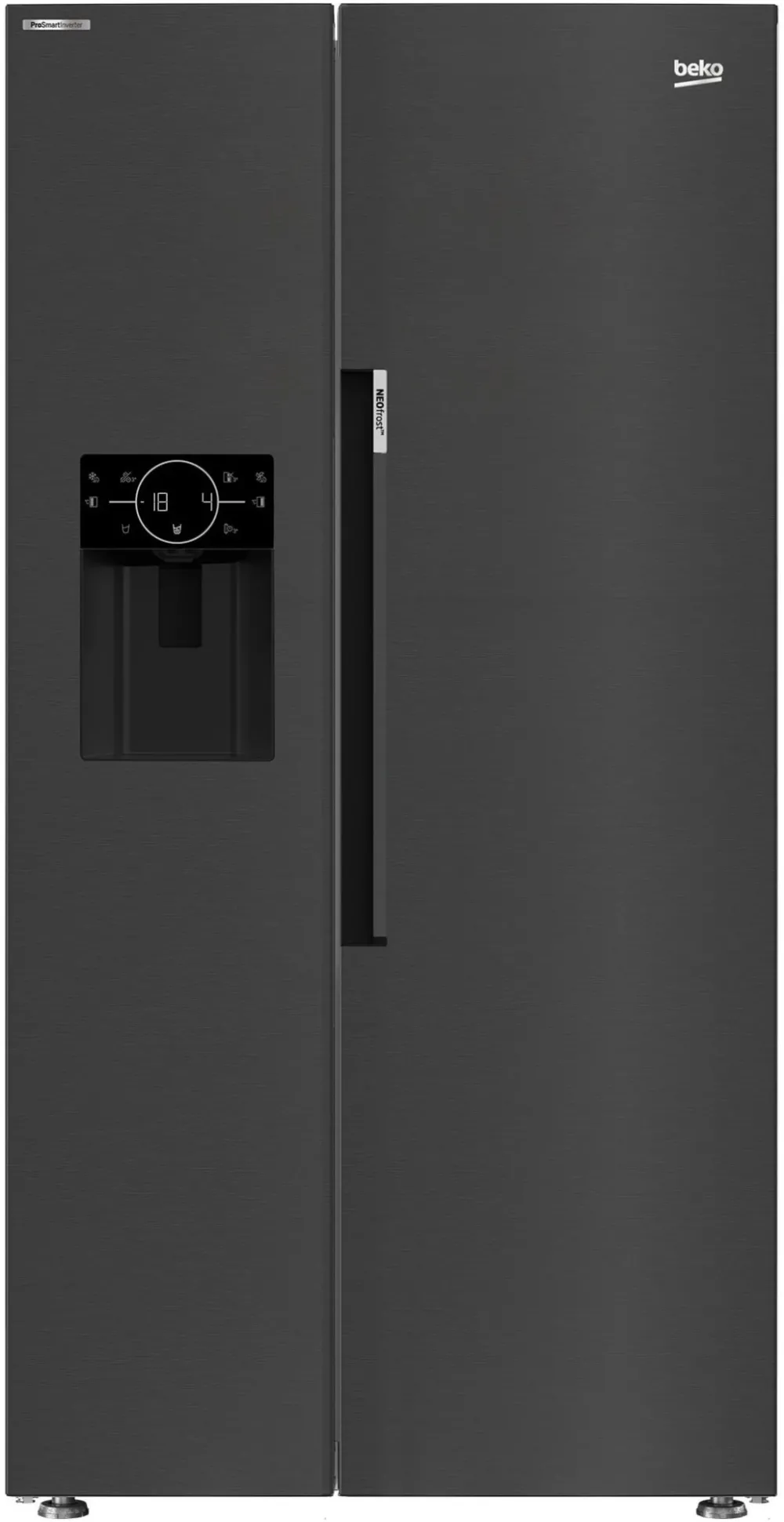 Side by side Beko GN162340XBRN, 571 l, Clasa E, NeoFrost Dual Cooling, HarvestFresh, Ice fall, Water dispenser, Compresor inverter, Display touch control, H 179 cm, Inox