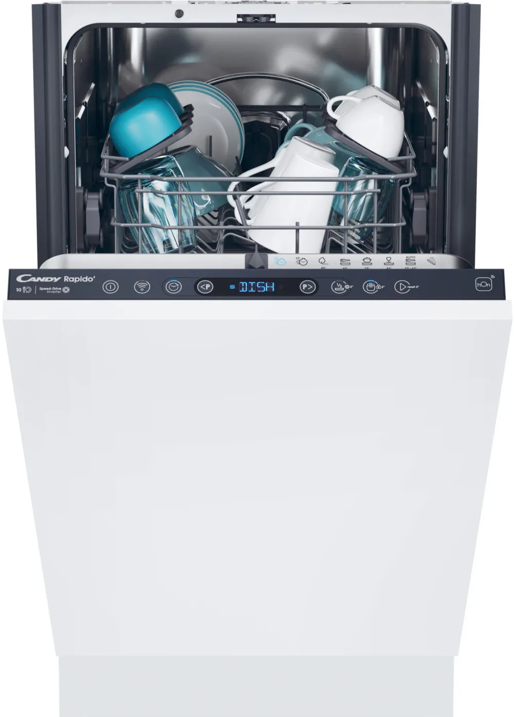 Masina de spalat vase incorporabila Candy Rapido CI0C7SB0FA, 10 seturi, 8 programe, Clasa C, WiFi, Motor inverter, Wash & Dry 35', Automatic Open Door, 45 cm