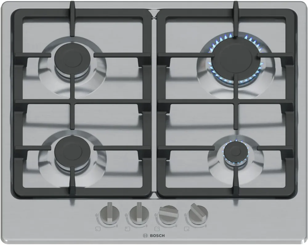 Plita incorporabila Bosch PGP6B5K90, Gaz, 4 arzatoare, Gratar fonta, 60 cm, Inox