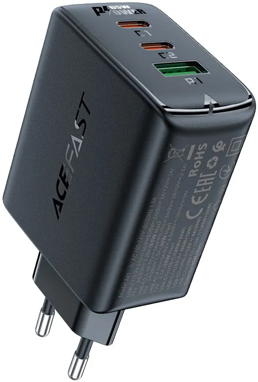 Incarcator retea Acefast A41 GaN 65W 2x USB-C + USB-A PD QC4+ PPS negru
