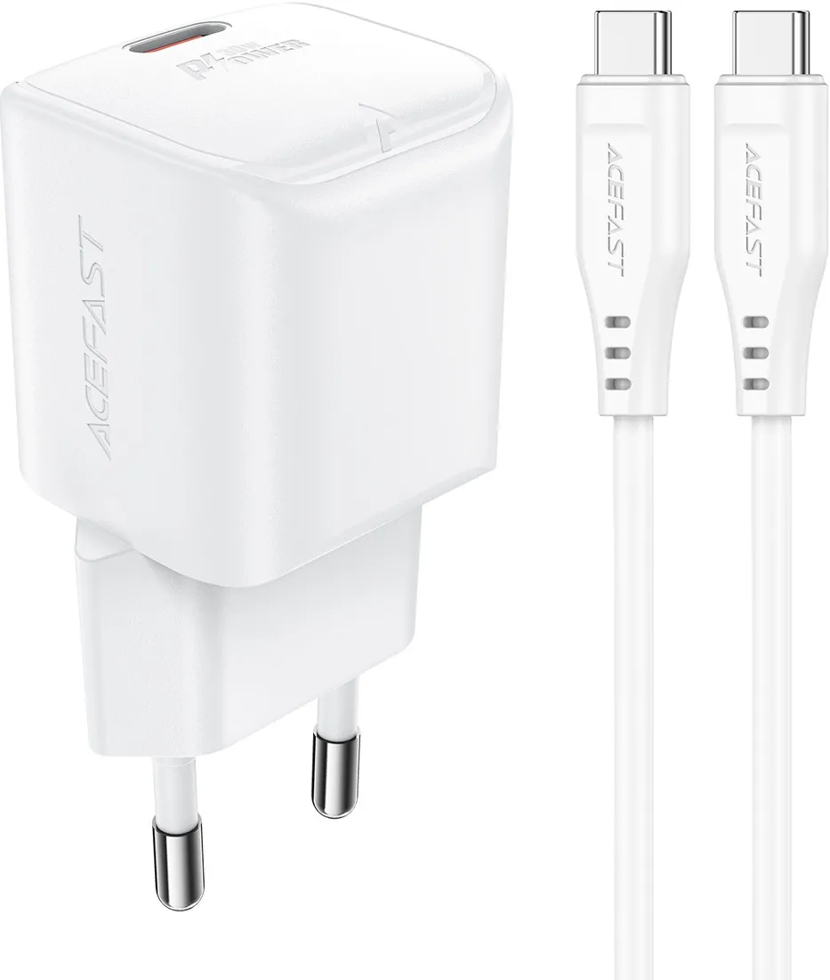 Incarcator de perete Acefast A77 Mini GaN PD 30W cu cablu USB-C alb