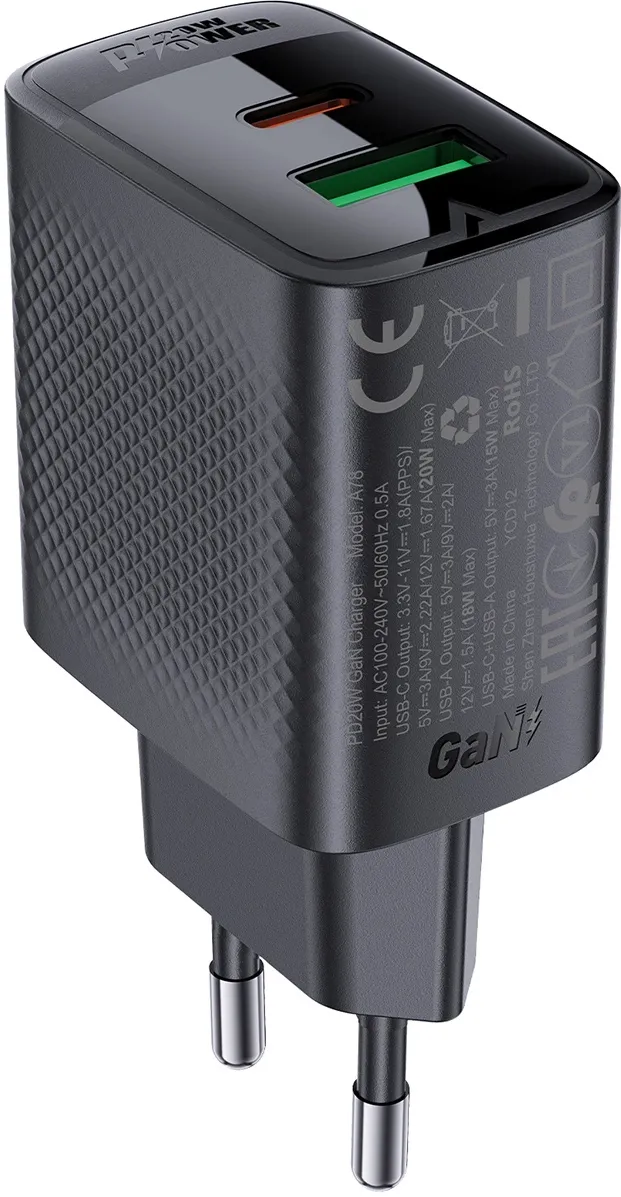 Incarcator de priza Acefast A78 GaN 20W USB-A USB-C negru