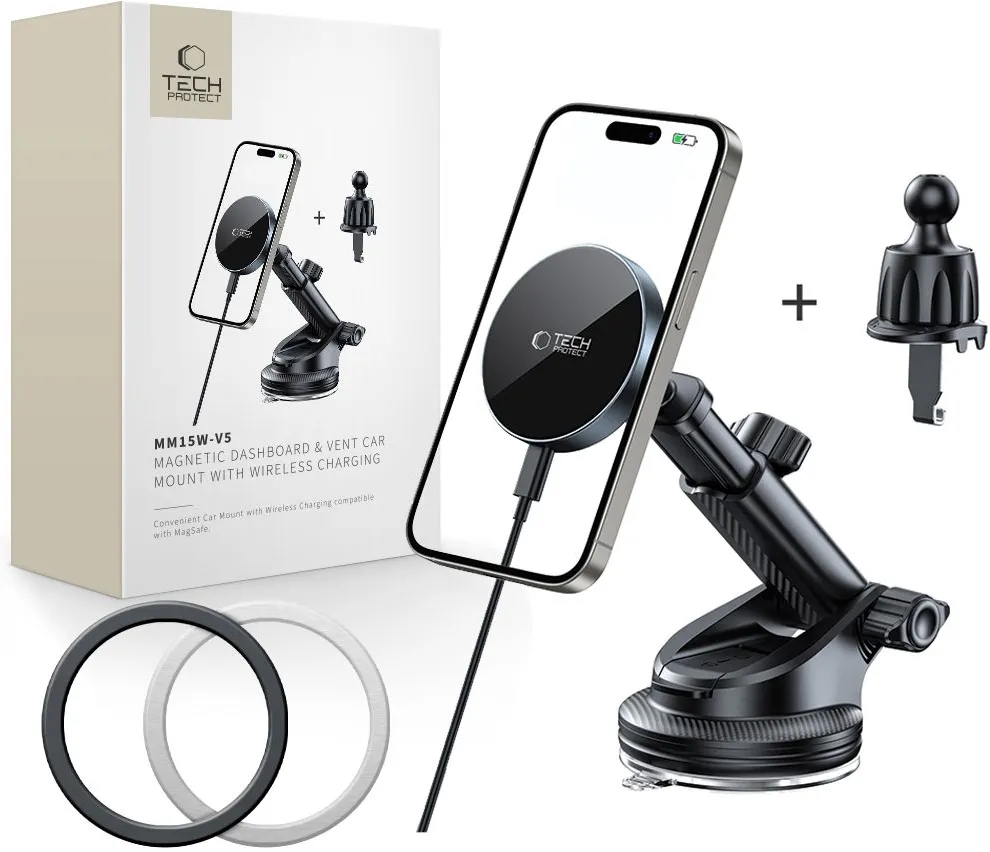 Tech-Protect mm15W-V5 Magnetic MagSafe Car Holder for Cockpit/Windshield/Air Vent - Black
